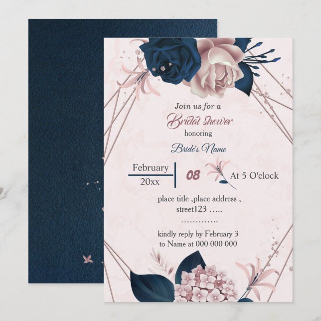 Invitation élégante marine et fleurs roses douche géométrique (Devant / Derrière)