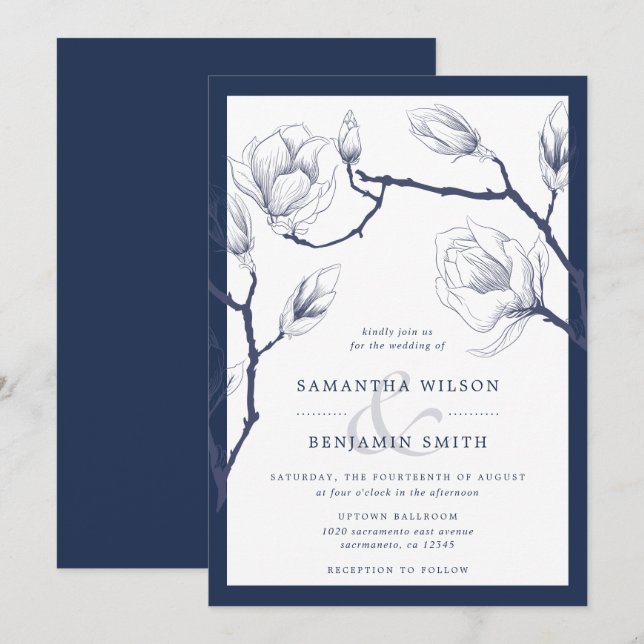 Invitation Elégante Marine Et Mariage Floral Blanc (Devant / Derrière)