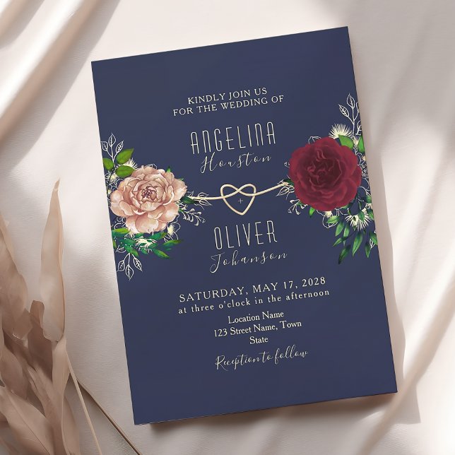 Invitation Elégante marine et Mariage floral de Bourgogne (Créateur téléchargé)