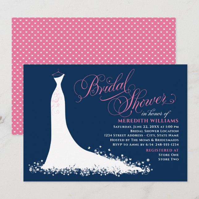 Invitation Elégante marine et Mariage rose Fête des mariées d (Devant / Derrière)
