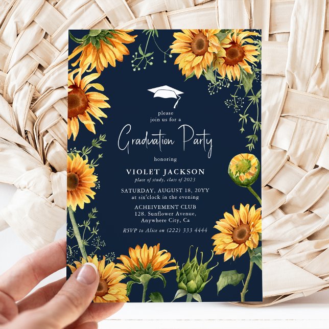 Invitation Élégante marine et tournesol jaune Diplôme Floral (Créateur téléchargé)