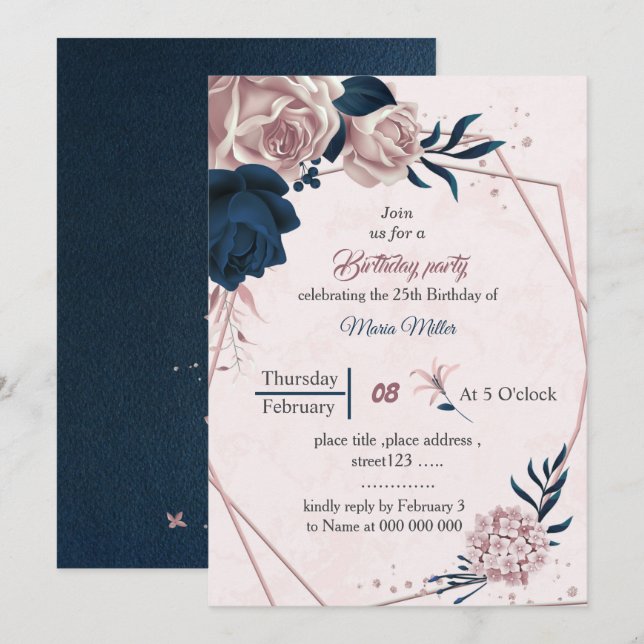 Invitation élégante marine & fleurs roses anniversaire géomét (Devant / Derrière)