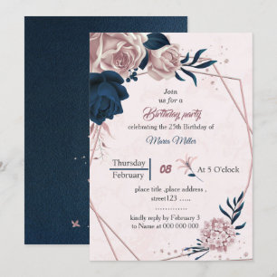 Invitation élégante marine & fleurs roses anniversaire géomét
