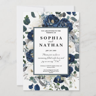 Invitation Elégante marine florale et Mariage blanc