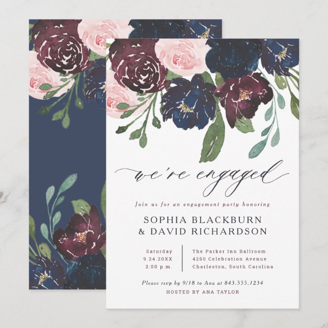 Invitation Elégante Marine Florale et Plum | Partie d'engagem (Devant / Derrière)