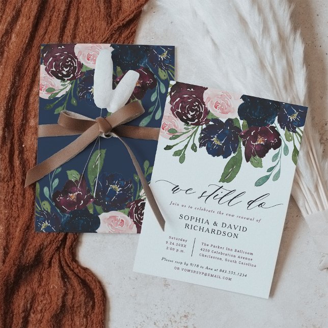 Invitation Elégante Marine Florale et Plum | Renouvellement d (A lovely and elegant floral wedding vow renewal invitation, in navy blue and plum with modern script)