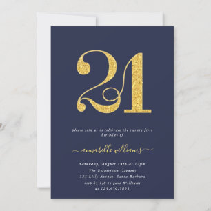 Invitation Elégante Marine & Gold 21e fête d'anniversaire