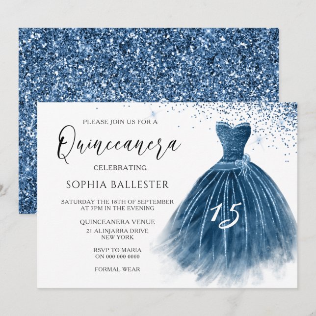 Invitation Elégante marine Indigo Parties scintillant Gown Qu (Devant / Derrière)