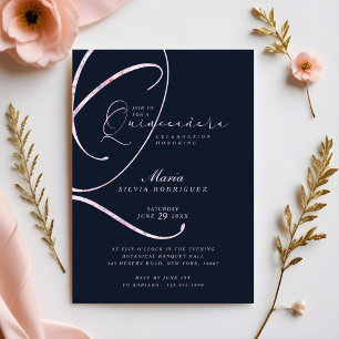 Invitation Elégante Marine Minimale & Pink Script Quinceañera