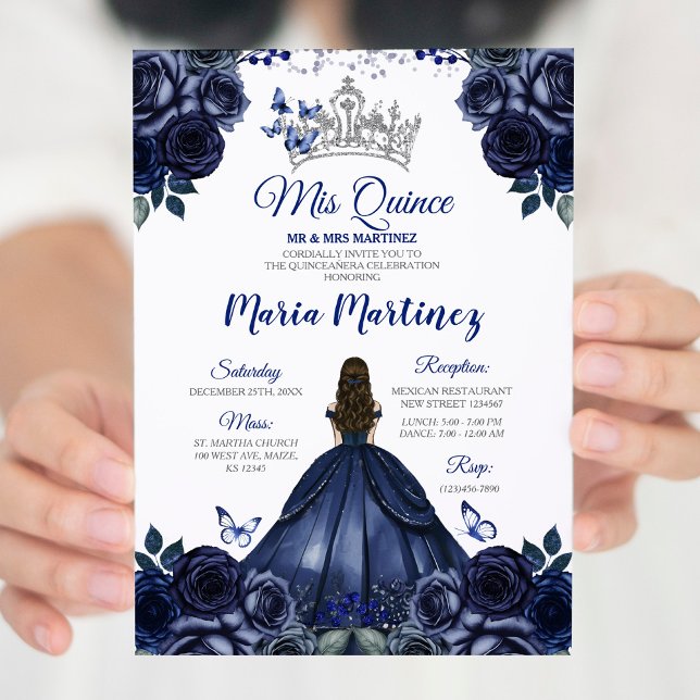 Invitation Elégante Marine Princess Floral Silver Mis Quince (Créateur téléchargé)