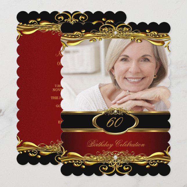 Invitation Élégante Maroon Rouge Noir Or 60e fête d'anniversa (Devant / Derrière)
