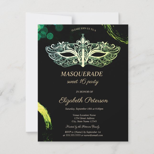 Invitation Elégante Mascarade noire, Chic Masque Sweet 16 (Devant)
