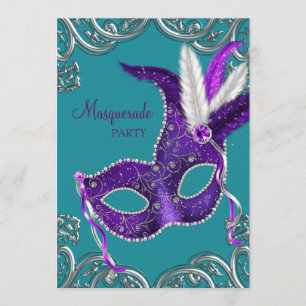 Invitation Élégante Mascarade violette et bleu turquoise