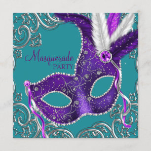 Invitation Élégante Mascarade violette et bleu turquoise