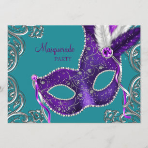 Invitation Élégante mascarade violette et bleue turquoise