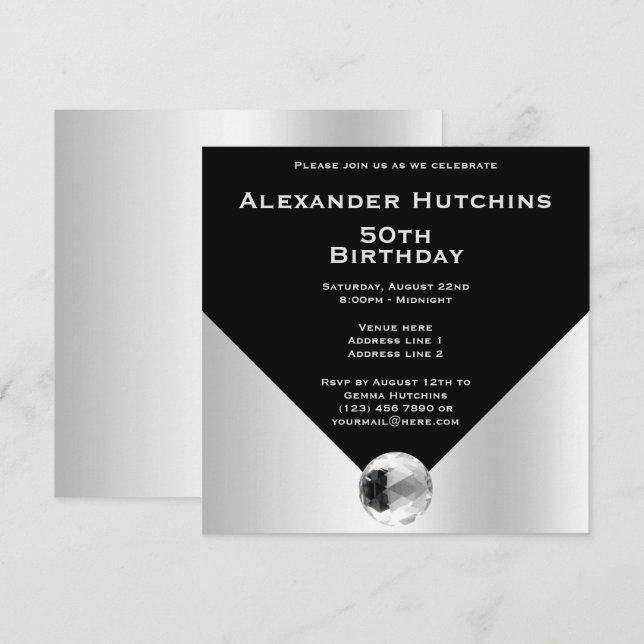 Invitation Elégante Masculine Classy Noir & Argent Anniversai (Devant / Derrière)