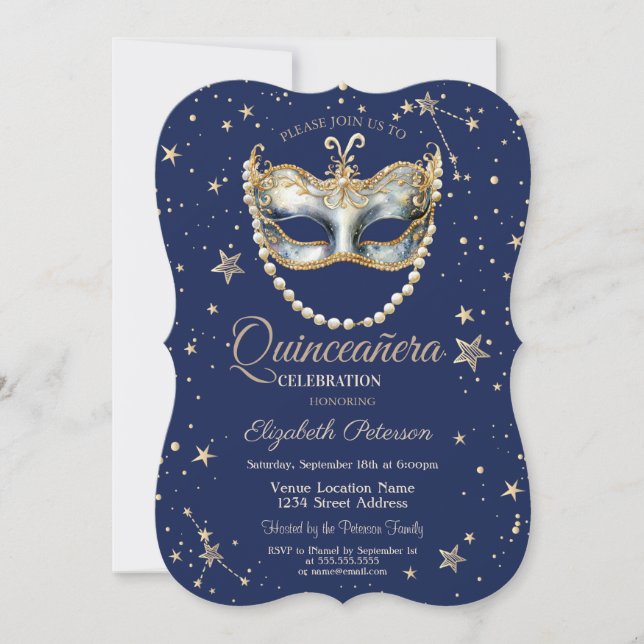 Invitation Elégante Masque Etoiles Marine Blue Quinceanera (Devant)