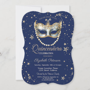 Invitation Elégante Masque Etoiles Marine Blue Quinceanera
