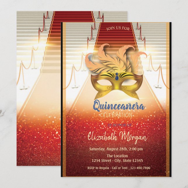 Invitation Elégante Masque Or, Quinceanera Tapis Rouge (Devant / Derrière)