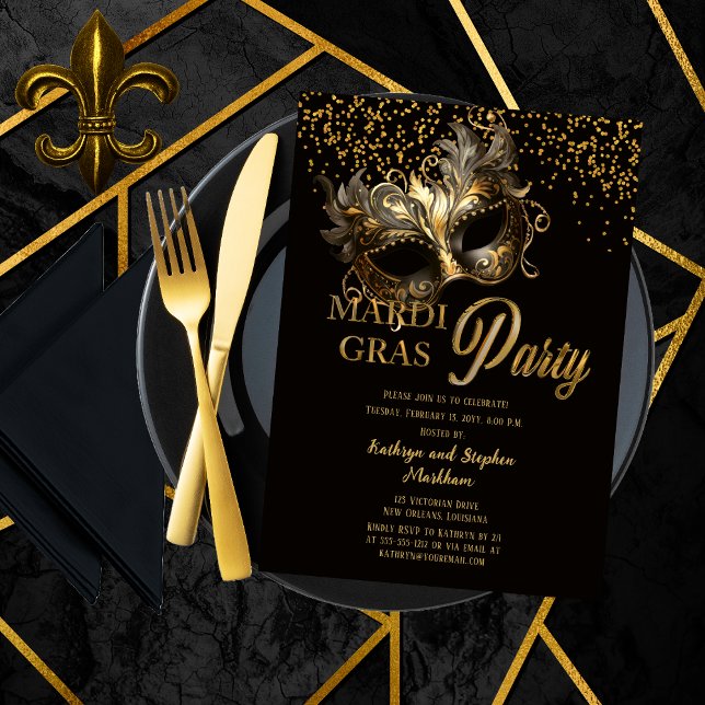 Invitation Elégante Masquerade Masque Mardi Gras Party (Elegant Masquerade Mask Mardi Gras Party Invitation in Black and Gold Tone)
