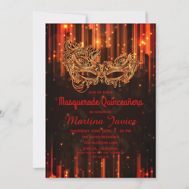 Invitation Elégante Masquerade Rouge Quinceañera 15e annivers (Devant)