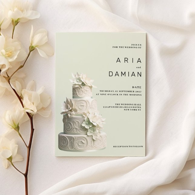 Invitation Elégante menthe vert blanc Mariage (Elegant mint green white floral cake Wedding )
