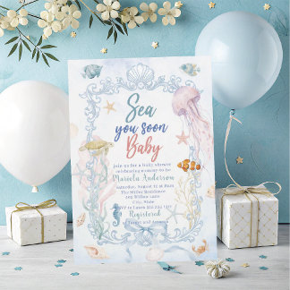 Invitation Élégante Mer Aquarelle vous Bientôt Bébé d'Océan d