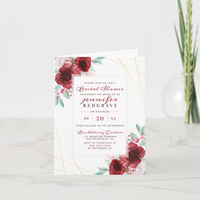 Invitation Elégante Merlot Glam Rose Fête des mariées florale (Devant)
