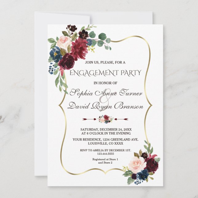 Invitation Elégante Merlot Navy Blue Floral Engagement Party (Devant)