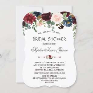Invitation Elégante Merlot Navy Blue Floral Fête des mariées