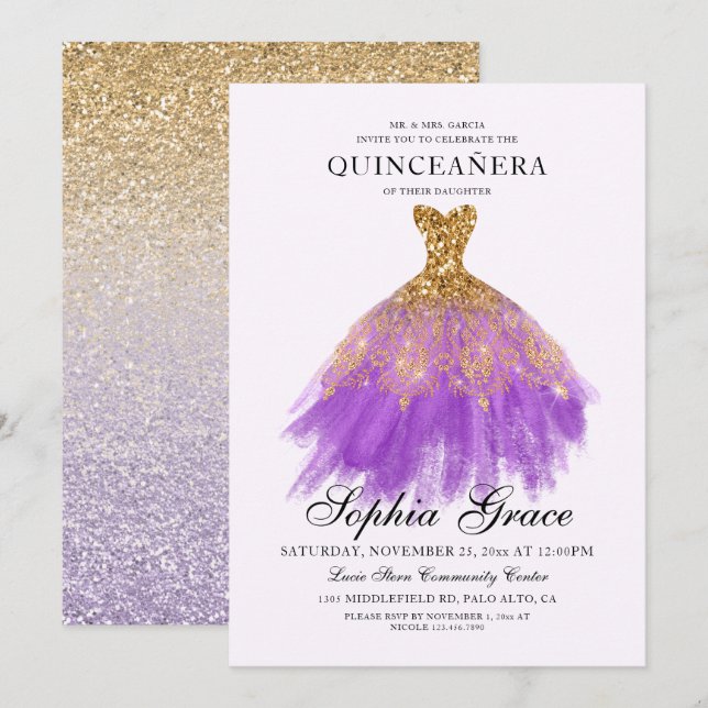 Invitation Elégante Mis Quince Purple Gold Parties scintillan (Devant / Derrière)