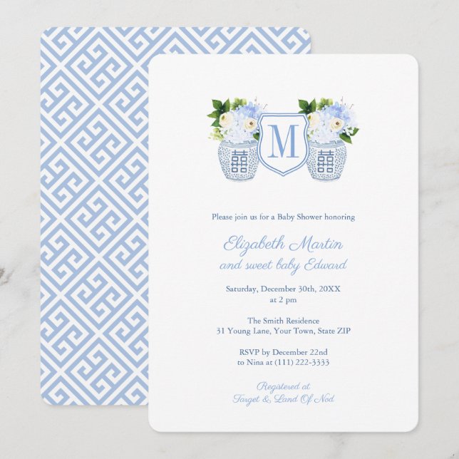 Invitation Elégante Monogram Blue White Boy Baby shower Party (Devant / Derrière)