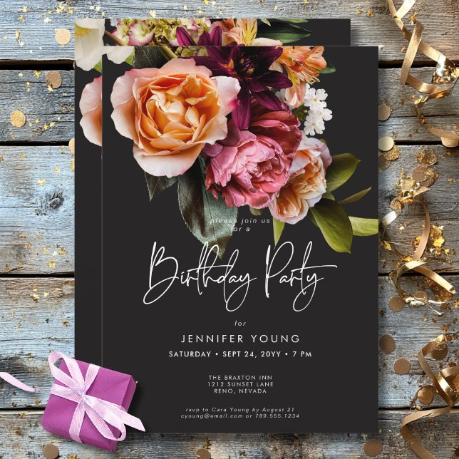 Invitation Elégante Moody Bourgogne & rose Floral Anniversair (Elegant Moody Burgundy & Pink Floral Birthday Invitation)