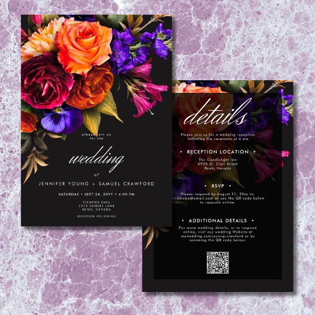 Invitation Élégante Moody Vibrant Harvest Floral à deux côtés (Elegant Moody Vibrant Harvest Floral Two Sided Invitation)