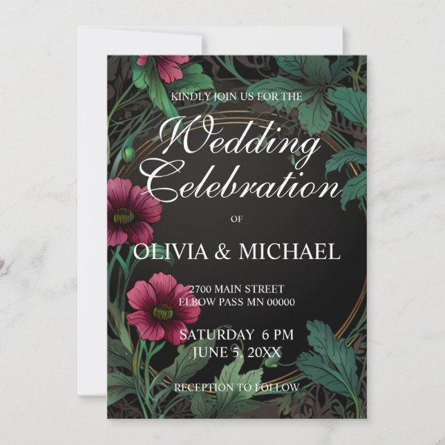 Invitation Élégante moody victorienne Mariage floral rose fon (Devant)