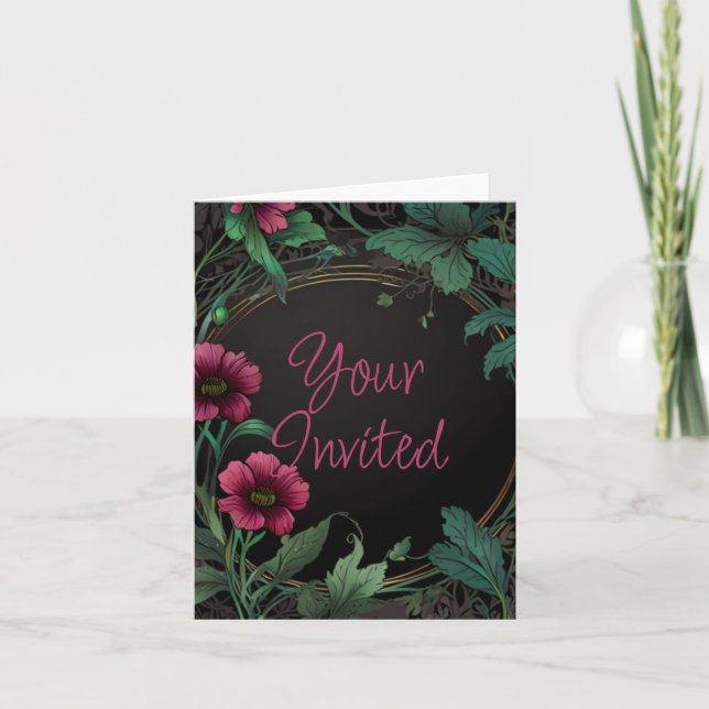Invitation Élégante moody victorienne vert foncé rose floral (Devant)