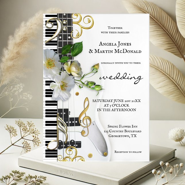 Invitation Élégante musique Rose florale Mariage à thème (Wedding invitation showing a modern elegant design with a guitar and piano keys with notes and roses)