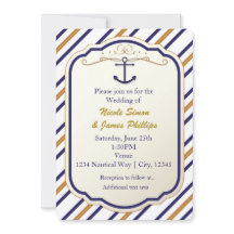Invitation élégante nautique ancre bleu blanc or