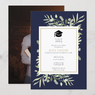 Invitation Élégante Navy Blue Green Photo Graduation Party