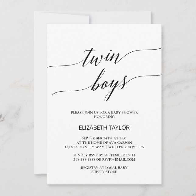 Invitation Élégante Noir Calligraphie Twin Boys Baby shower (Devant)