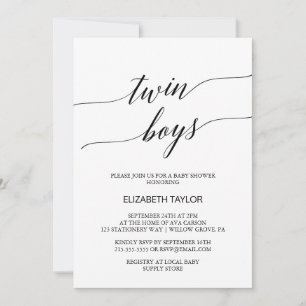 Invitation Élégante Noir Calligraphie Twin Boys Baby shower