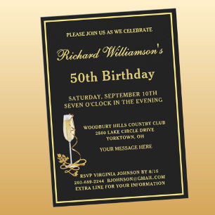 Invitation élégante noire et or pour fête des 50 a