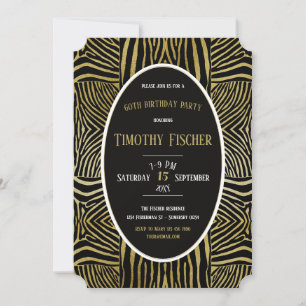 Invitation élégante noire et or Zèbre pour 60ème a