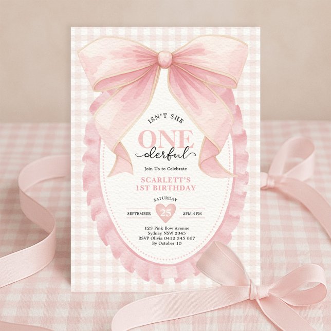 Invitation Élégante ONE derful Pink Bow Girl 1er anniversaire (Créateur téléchargé)