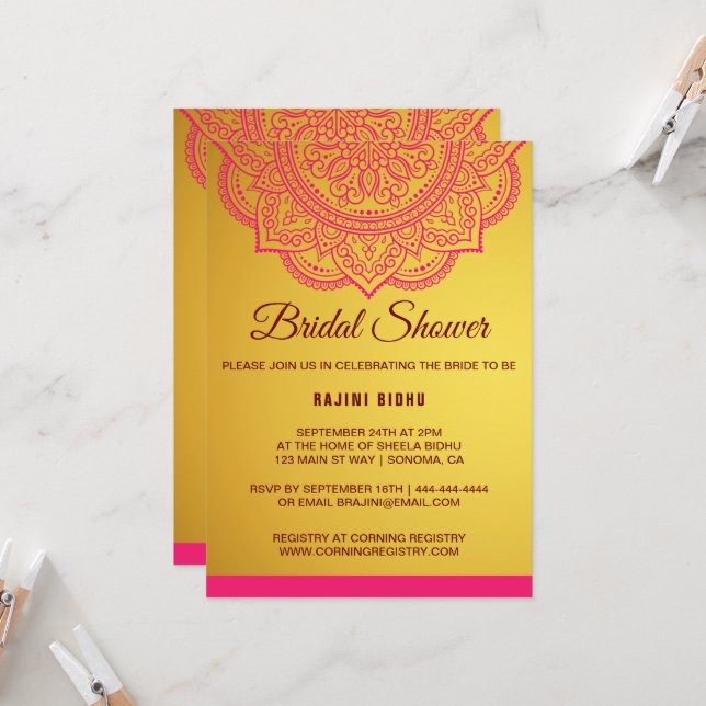 Invitation Elégante or rose rose Paisley nuptiale de douche I (Devant/Arrière en situation)