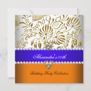 Invitation Élégante Orange Bleu Or Damassé Perle Fête