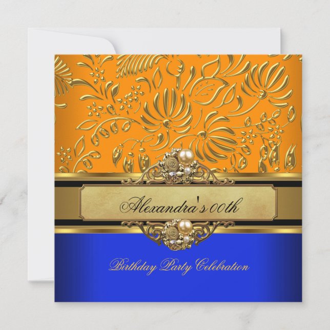 Invitation Elégante Orange Blue Gold Damask Anniversaire Part (Devant)