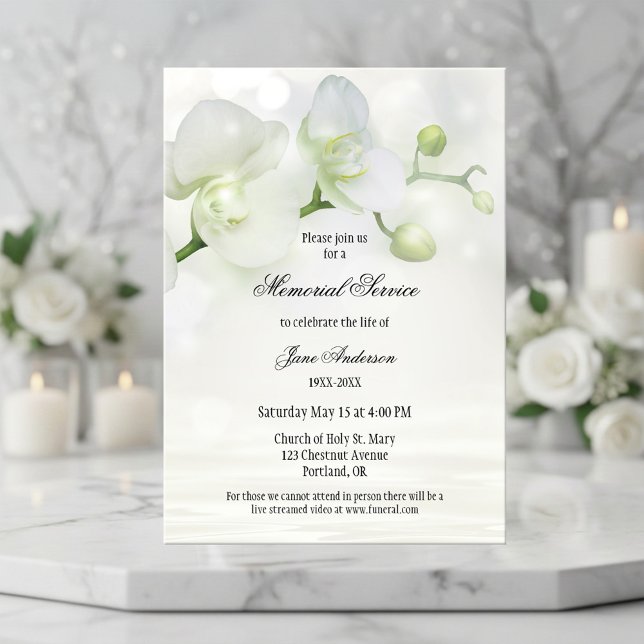 Invitation Elégante Orchid funeral Service Memorial Invitatio (Memorial or funeral service invitation featuring a light design with white orchids)