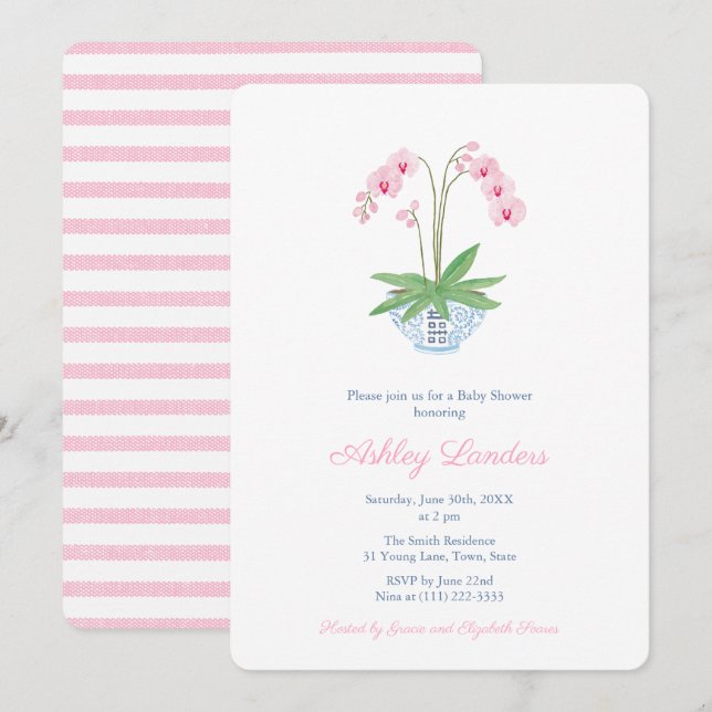 Invitation Elégante Orchidée rose Chinoiserie Baby shower I (Devant / Derrière)