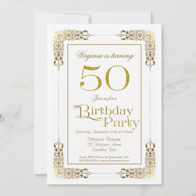 Invitation Elégante Ornate Gold Lace 50e fête d'anniversaire (Devant)